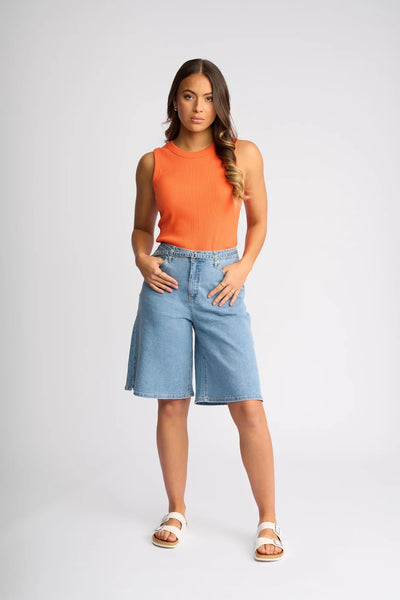KN8018 Washer Denim Wide Leg Bermuda Jean Short