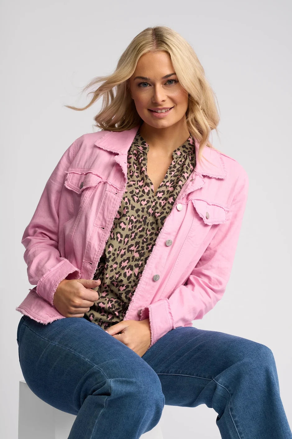 VS2026A PINK Linen Viscose Denim Style Fringe Trim Jacket
