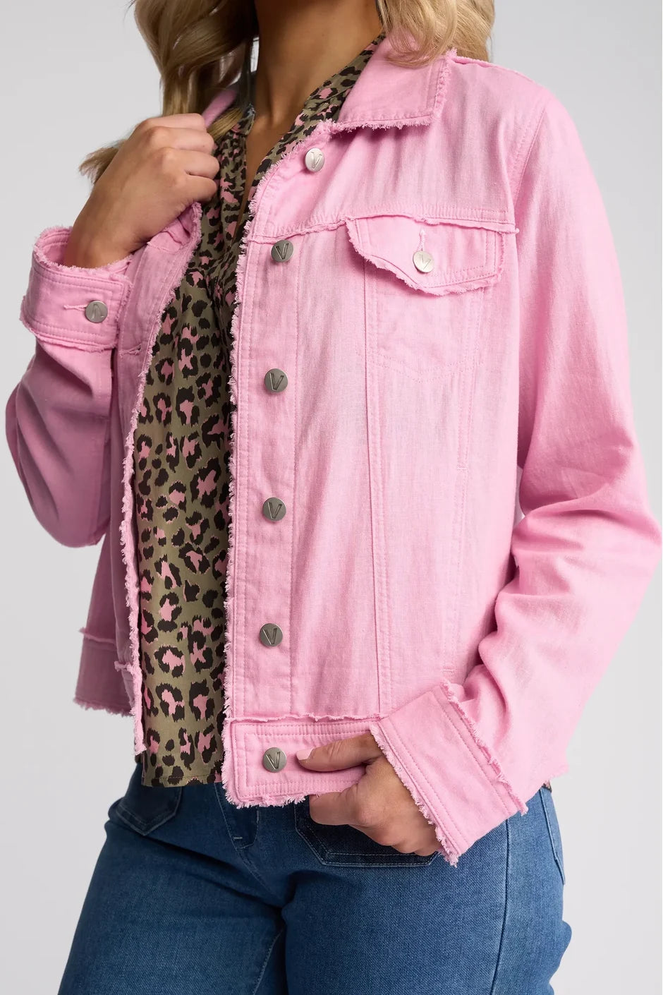 VS2026A PINK Linen Viscose Denim Style Fringe Trim Jacket