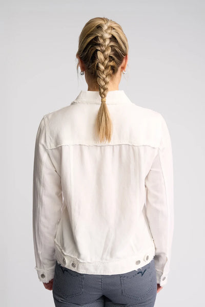 VS2026A WHITE Linen Viscose Denim Style Fringe Trim Jacket