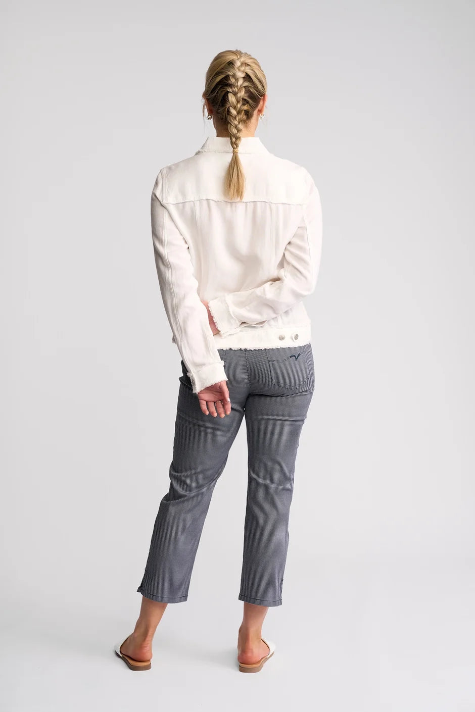 VS2026A WHITE Linen Viscose Denim Style Fringe Trim Jacket