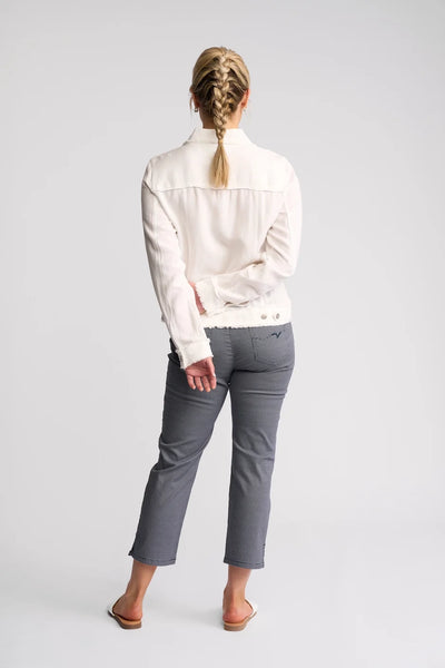 VS2026A WHITE Linen Viscose Denim Style Fringe Trim Jacket