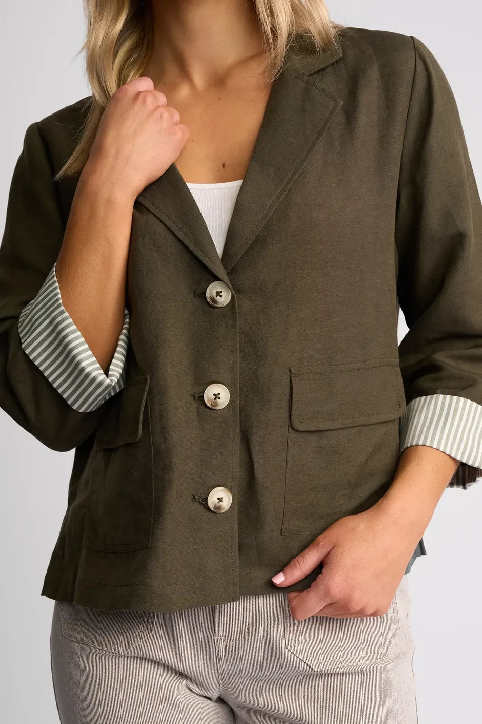 VS2113 KHAKI Stripe Cuff Linen/Viscose Soft Shell Summer Blazer