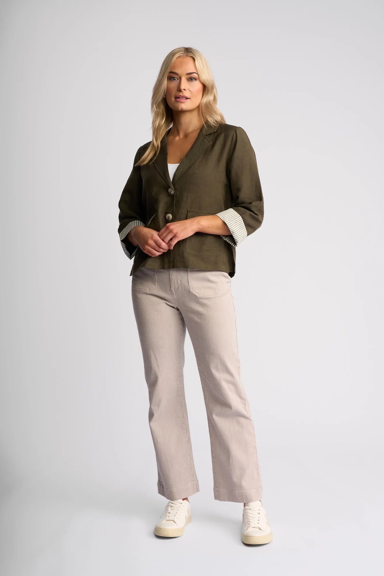 VS2113 KHAKI Stripe Cuff Linen/Viscose Soft Shell Summer Blazer