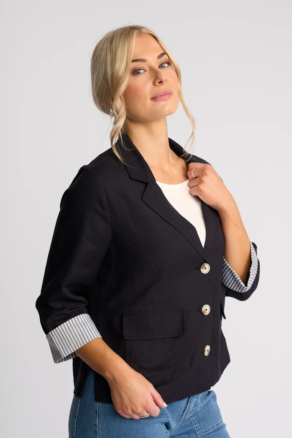 VS2113 NAVY Stripe Cuff Linen/Viscose Soft Shell Summer Blazer
