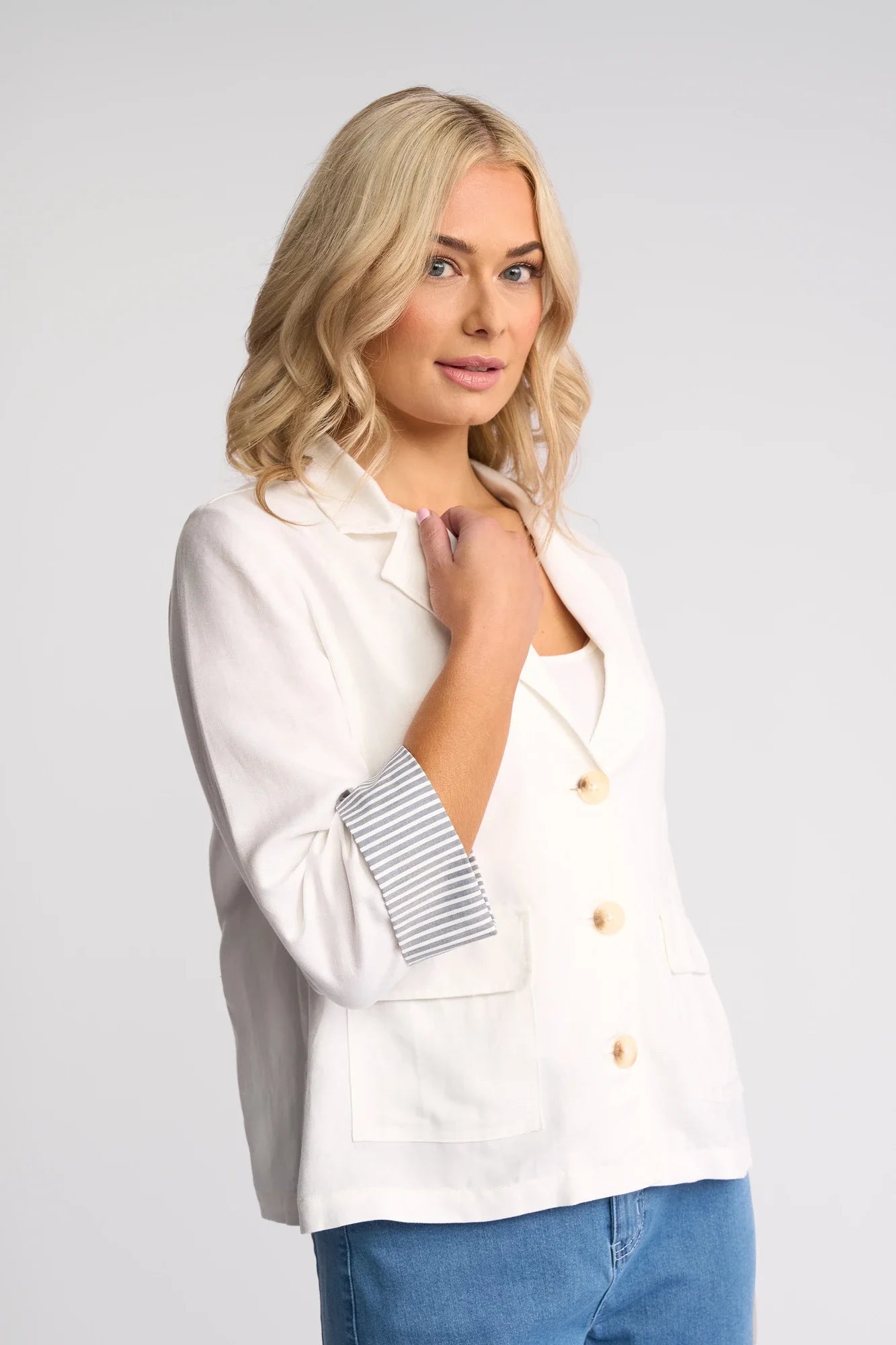 VS2113 WHITE Stripe Cuff Linen/Viscose Soft Shell Summer Blazer