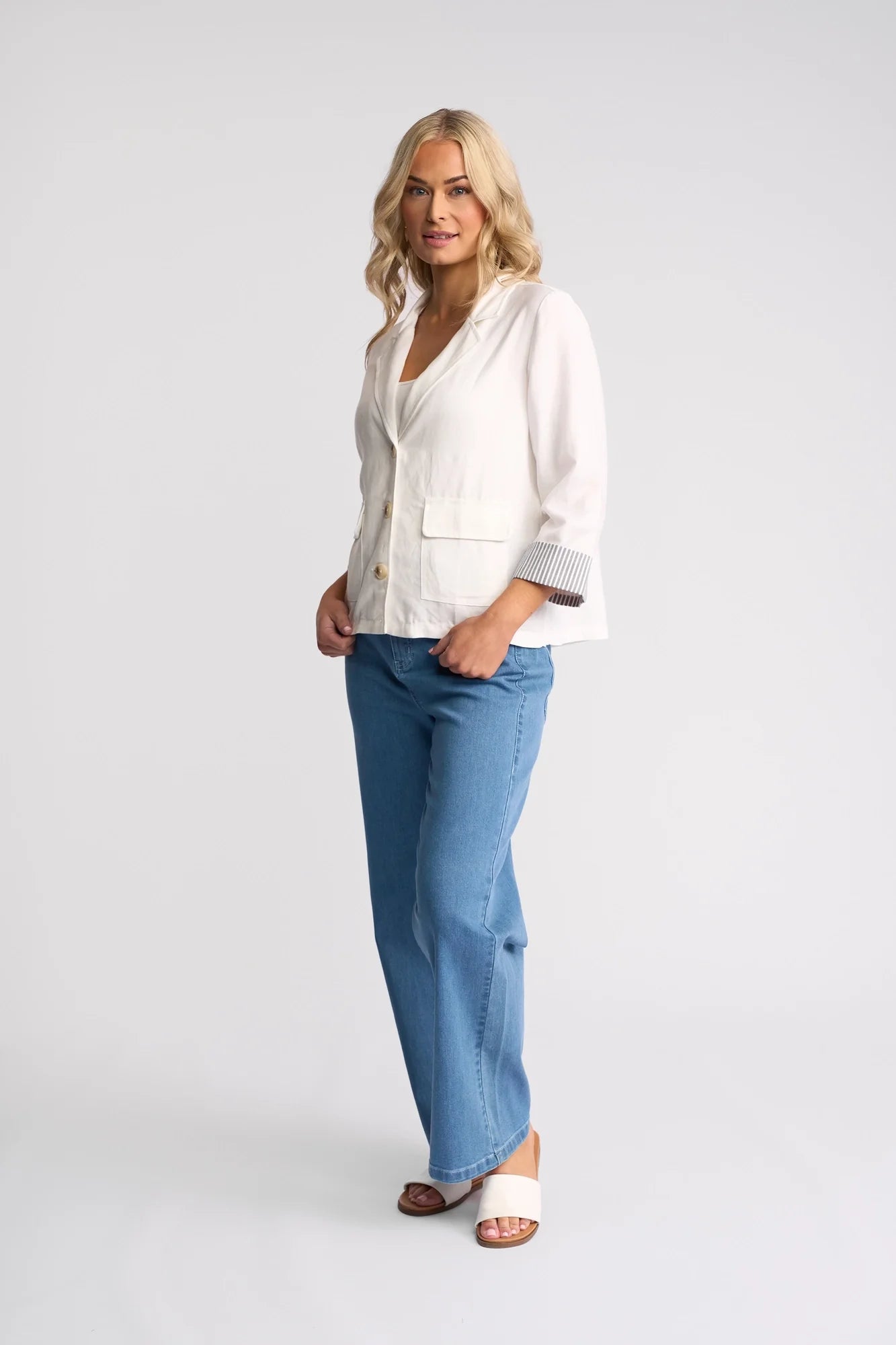 VS2113 WHITE Stripe Cuff Linen/Viscose Soft Shell Summer Blazer