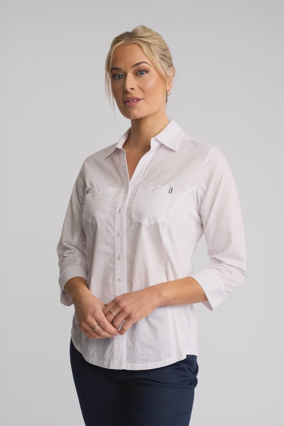VS4032 WHITE Stretch Side Panel Shaped Cotton Shirt