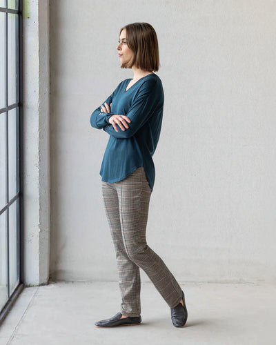 4465 TUI BLUE Silky Superfine Merino Button Cuff V Neck Top