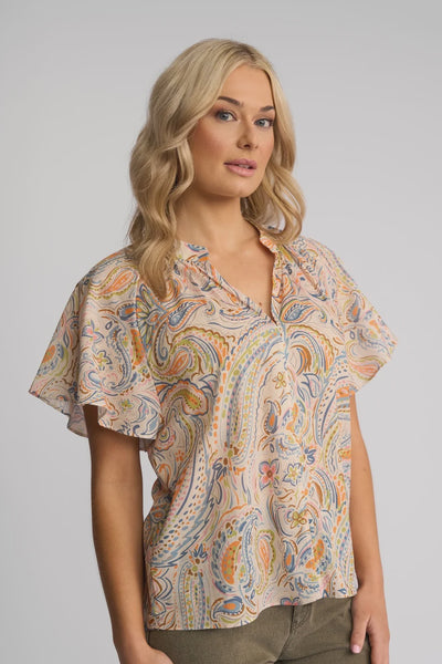 VS4518P PAISLEY Print Puff Sleeve V-neck Breeze Top