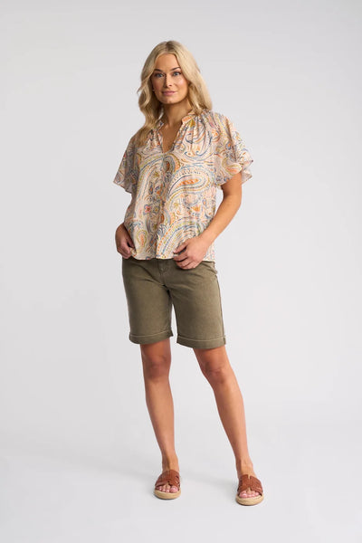 VS4518P PAISLEY Print Puff Sleeve V-neck Breeze Top