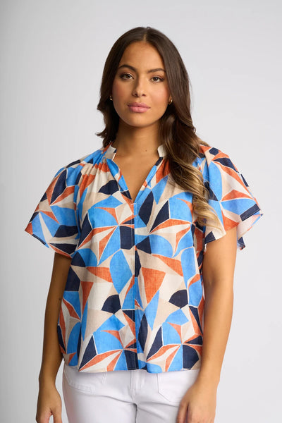 VS4518P MOSAIC Print Puff Sleeve V-neck Breeze Top