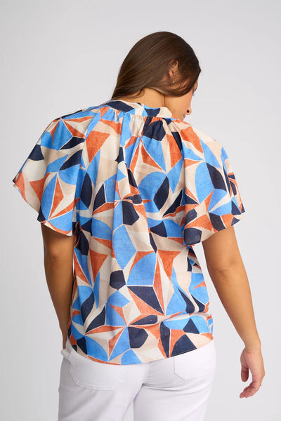 VS4518P MOSAIC Print Puff Sleeve V-neck Breeze Top
