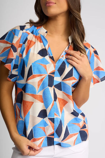 VS4518P MOSAIC Print Puff Sleeve V-neck Breeze Top
