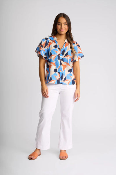 VS4518P MOSAIC Print Puff Sleeve V-neck Breeze Top