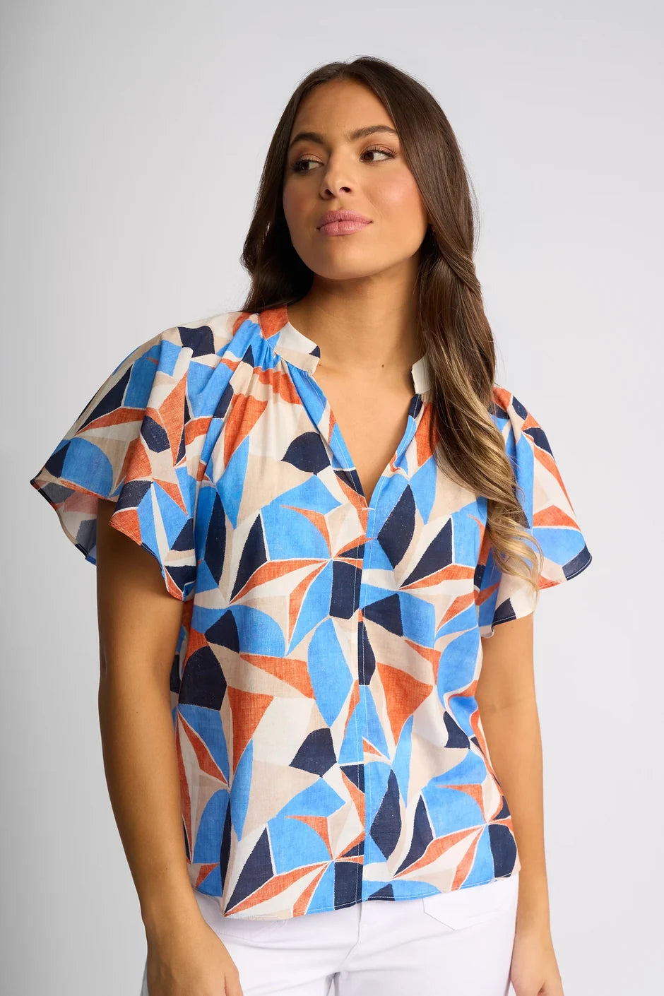 VS4518P MOSAIC Print Puff Sleeve V-neck Breeze Top