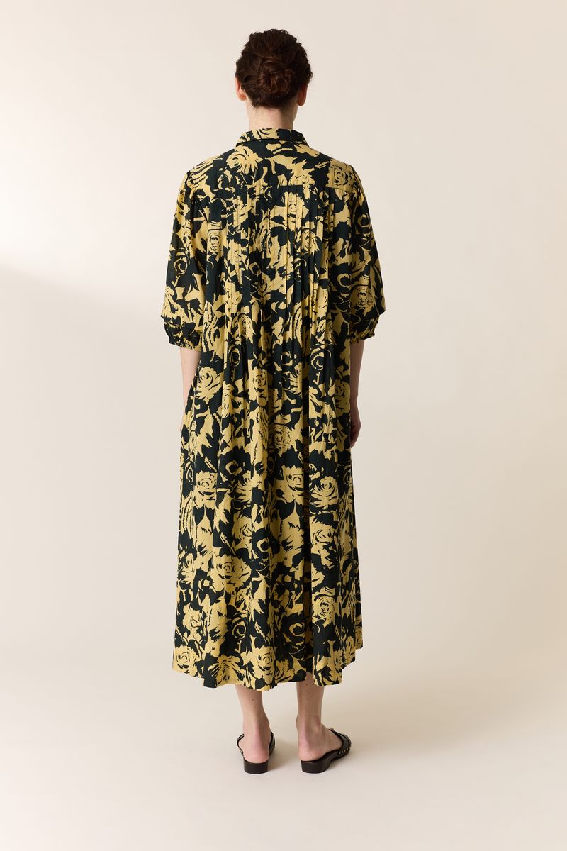 L&H YELLOW Print Pintuck Pleat Bell Sleeve Organic Cotton Dress