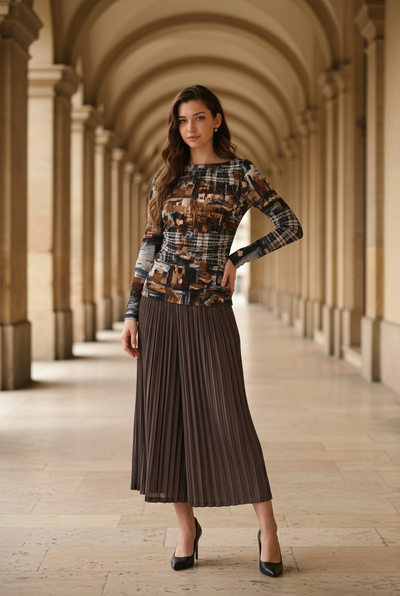 FL263385 Textural Print Euro Knit Boat Neck Top