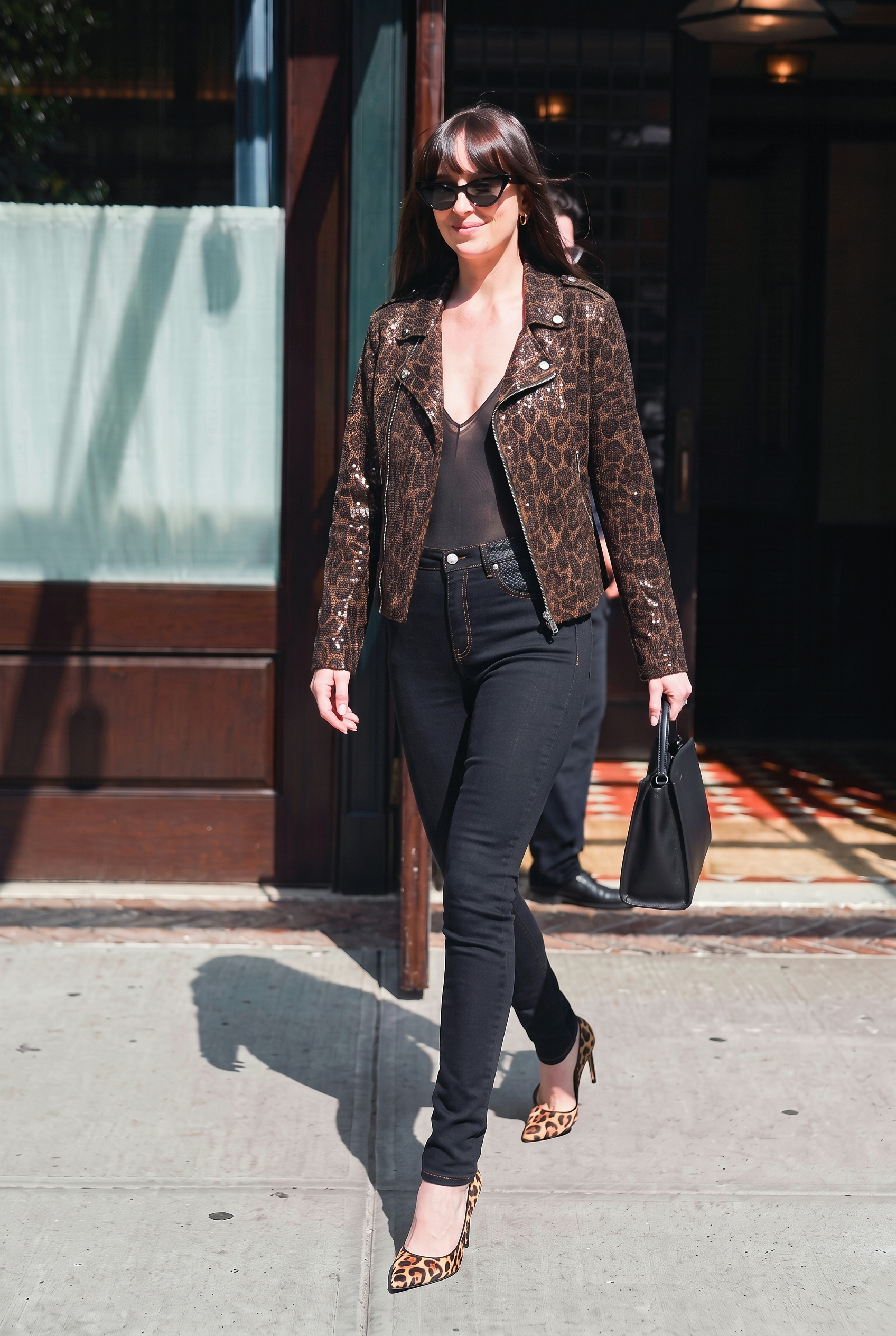 FL263702 Leopard Print Studded Biker Jacket