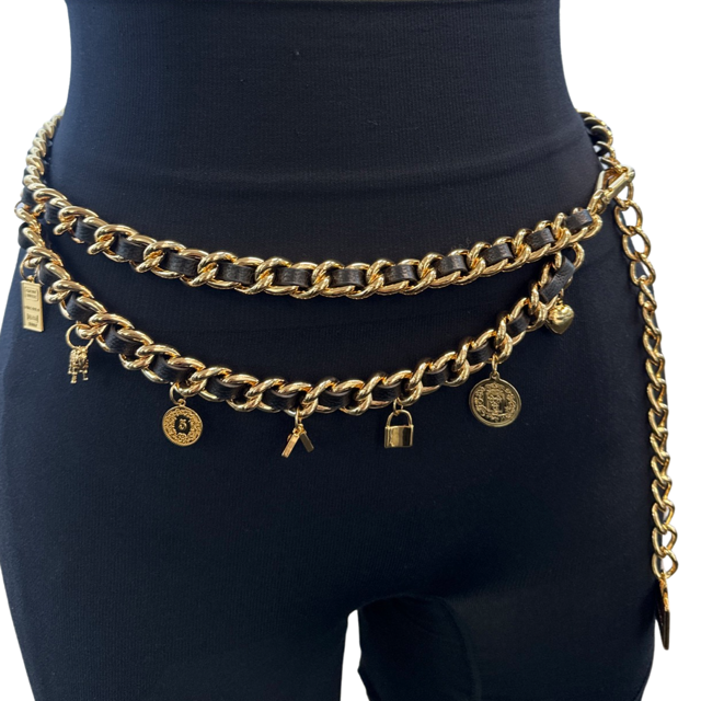 8745 Gold Leather Chain Charm Belt Darling