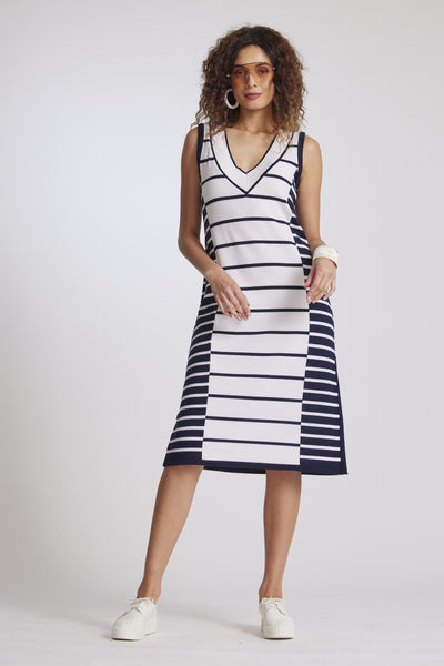 8948 Stripe V Neck S/Less Sheath Dress